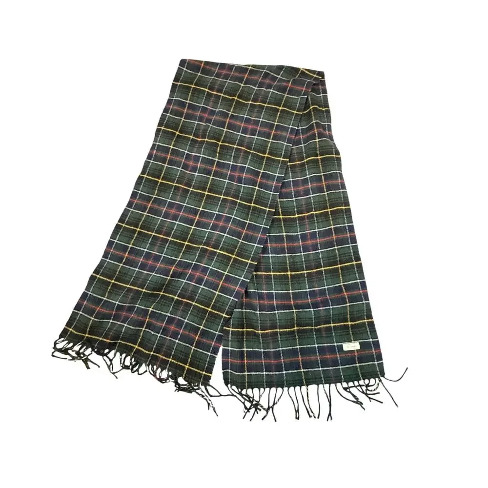 Vintage Benetton Green Plaid Wool Scarf Fringe Red Yellow Blue Tartan Men Women